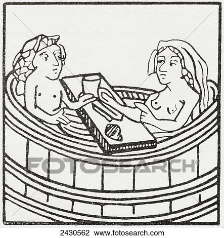 Stock Image - Man and woman together in a bathtub eating and bathing. After a 15th century illustration. From Illustrierte Sittengeschichte vom Mittelalter bis zur Gegenwart by Eduard Fuchs, published 1909.. Fotosearch