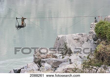 Stock Image - Man Crossing The Indus River On A Ropeway Near Chilas, Northern Areas, Pakistan. Fotosearch