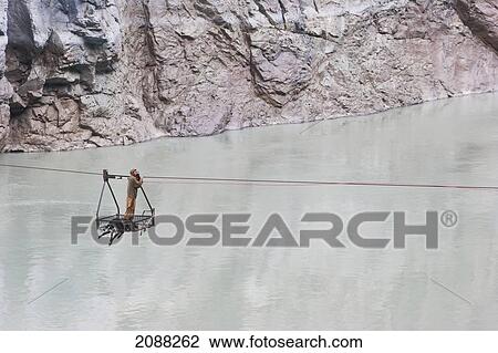 Stock Image - Man Crossing The Indus River On A Ropeway Near Chilas, Northern Areas, Pakistan. Fotosearch