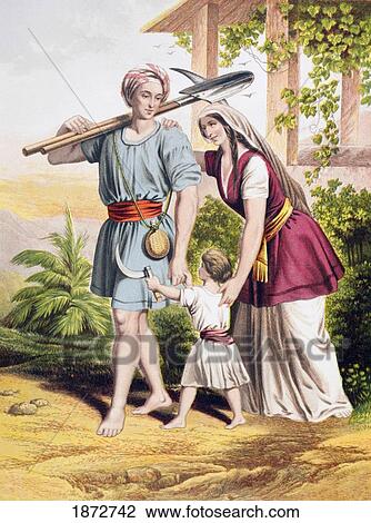 Stock Image - Man Goeth Forth Unto His Work And To His Labour Until The Evening. From Psalms 104 Verse 23. A Farmer Sets Off On His Daily Work. From The Holy Bible Published By William Collins, Sons, & Company In 1869. Chromolithograph By J. M. Kronheim & Co.. Fotosearch