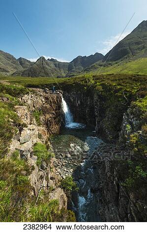 Man looking at small waterfall and one of the Fairy Pools in Coire na Creiche, Black Cuillin; Isle of Skye, Scotland View Large Photo Image Picture - Man looking at small waterfall and one of the Fairy Pools in Coire na Creiche, Black Cuillin; Isle of Skye, Scotland. Fotosearch
