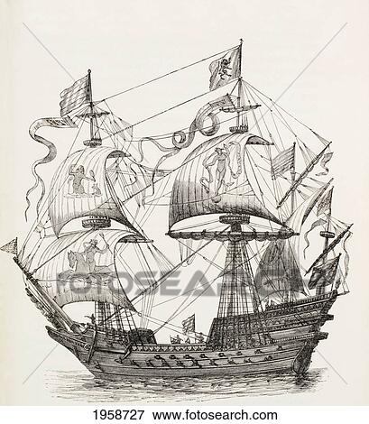 Stock Photo - Man-Of-War Of The 16Th Century. From Military And Religious Life In The Middle Ages By Paul Lacroix Published London Circa 1880.. Fotosearch