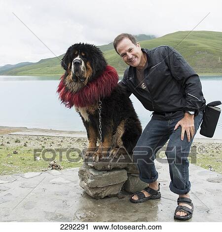 Stock Image - Man posing with Saint Bernard dog on shore of Sacred Lake; Shannan, Xizang, China. Fotosearch