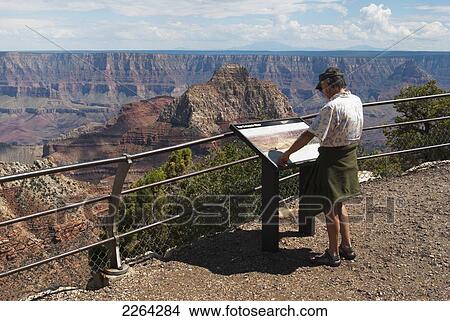 Picture - Man reads information board while overlooking north rim of grand canyon on point royal; kanab arizona usa. Fotosearch