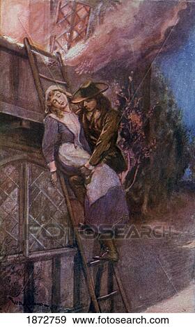 Stock Photo - Man Rescuing Woman From Fire In The 17Th Century.. Fotosearch