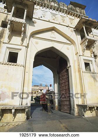 Stock Photo - Man Riding Elephant Through Archway. Fotosearch