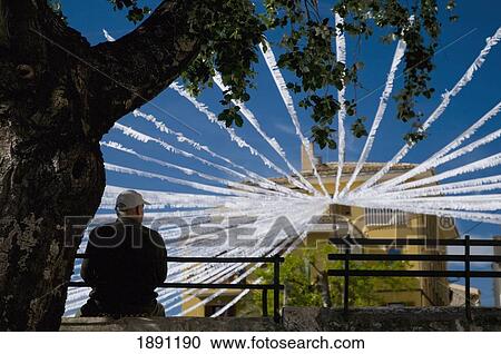 Man Sitting By Tree In Front Of White Bunting In Caimari Square, Rear View View Large Photo Image Stock Image - Man Sitting By Tree In Front Of White Bunting In Caimari Square, Rear View. Fotosearch