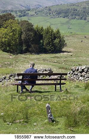 Stock Photo - Man Sitting On Bench, Dumfries And Galloway, Scotland. Fotosearch