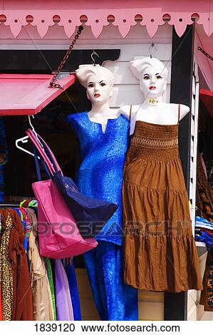 Stock Image - Mannequins On Window Display; Philipsburg City, St. Maarten Island, Netherlands Antilles, Caribbean. Fotosearch