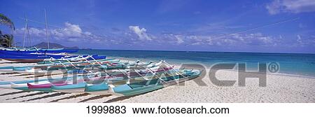 Many Outrigger Canoes Lined Up On Sand Along Shoreline Turquoise Ocean Panoramic D1506 View Large Photo Image Stock Image - Many Outrigger Canoes Lined Up On Sand Along Shoreline Turquoise Ocean Panoramic D1506. Fotosearch