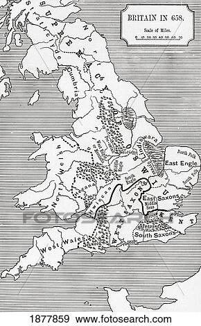 Stock Photo - Map Of Britain In 658. The Northumbrian Kingdom 588 To 685. From The Book Short History Of The English People By J. R. Green, Published London 1893. Fotosearch