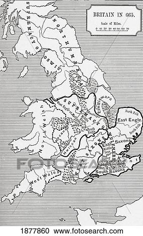 Stock Image - Map Of Britain In 665. The Northumbrian Kingdom 588 To 685. From The Book Short History Of The English People By J. R. Green, Published London 1893. Fotosearch