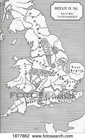Stock Image - Map Of Britain In 792. The Three Kingdoms 685 To 828. From The Book Short History Of The English People By J. R. Green, Published London 1893. Fotosearch