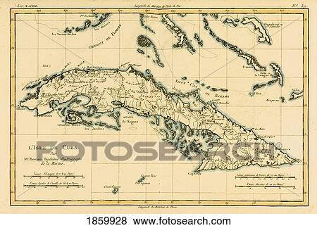 Stock Photo - Map Of Cuba Circa. 1760. From ÃƒÂ¢Ã¢â€šÂ¬Ã…â€œAtlas De Toutes Les Parties Connues Du Globe Terrestre ÃƒÂ¢Ã¢â€šÂ¬Ã‚Â By Cartographer Rigobert Bonne. Published Geneva Circa. 1760.. Fotosearch