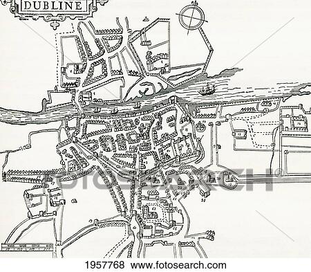 Stock Photo - Map Of Dublin, Ireland In 1610. From Our Own Country Published 1898.. Fotosearch