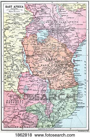 Stock Photo - Map Of East Africa At Beginning Of First World War. From The Great World War A History Volume Iii, Published 1916.. Fotosearch
