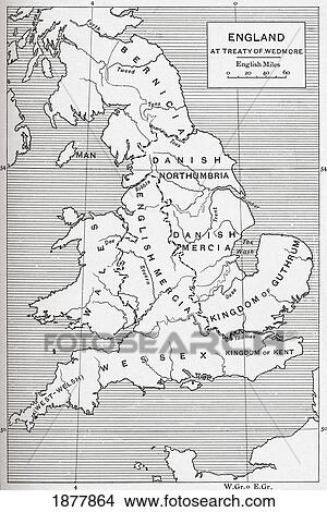 Picture - Map Of England At The Time Of The Treaty Of Wedmore In 878. From The Book Short History Of The English People By J. R. Green, Published London 1893. Fotosearch