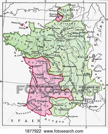 Stock Image - Map Of France At The Time Of The Treaty Of Bretigny, 1360. From The Book Short History Of The English People By J. R. Green, Published London 1893. Fotosearch
