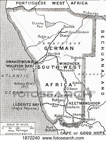Map Of German South West Africa, Scene Of One Of Britain's Campaigns, Showing Walfish Bay And Keetmanshoop. From The Illustrated War News Published 1915. View Large Photo Image Stock Image - Map Of German South West Africa, Scene Of One Of Britain's Campaigns, Showing Walfish Bay And Keetmanshoop. From The Illustrated War News Published 1915.. Fotosearch