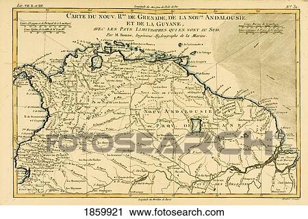 Stock Image - Map Of Grenada, New Andalucia And Guyana Circa. 1760. From ÃƒÂ¢Ã¢â€šÂ¬Ã…â€œAtlas De Toutes Les Parties Connues Du Globe Terrestre ÃƒÂ¢Ã¢â€šÂ¬Ã‚Â By Cartographer Rigobert Bonne. Published Geneva Circa. 1760.. Fotosearch