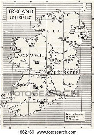 Stock Photo - Map Of Ireland In The Sixth Century From The Book The Church Of England A History For The People Published C. 1910. Fotosearch