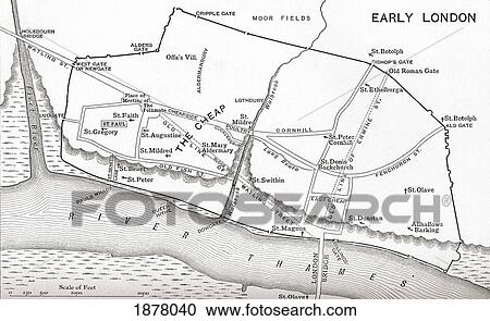 Stock Image - Map Of London In The 11Th Century. From The Book Short History Of The English People By J. R. Green, Published London 1893. Fotosearch
