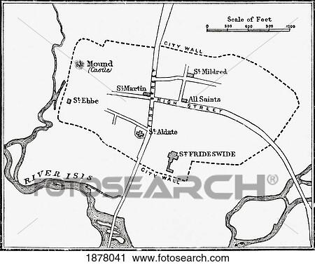Stock Image - Map Of Oxford, England Circa 12Th Or 13Th Century. From The Book Short History Of The English People By J. R. Green, Published London 1893. Fotosearch