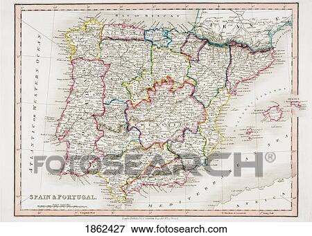 Stock Photo - Map Of Spain And Portugal From Smith's General Atlas Published London 1850 By C. Smith Mapseller Number 172 The Strand. Fotosearch