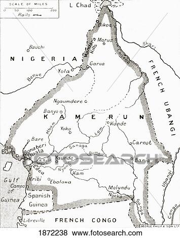 Stock Photo - Map Of The Cameroons, Scene Of One Of Britain's Campaigns During World War One. From The Illustrated War News Published 1915.. Fotosearch