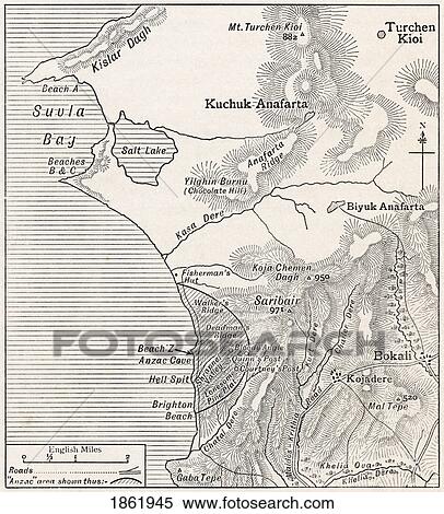 Map Showing Approximately The Semicircular Foothold Of Australians And New Zealanders Above Anzac Cove July 1915. From The Great World War A History Volume Iii, Published 1916. View Large Photo Image Stock Photography - Map Showing Approximately The Semicircular Foothold Of Australians And New Zealanders Above Anzac Cove July 1915. From The Great World War A History Volume Iii, Published 1916.. Fotosearch