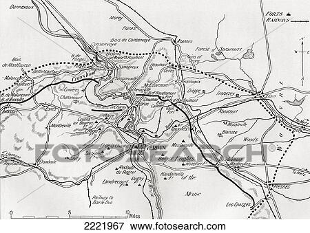 Stock Photo - Map Showing The Principal Forts And The Position Of The French Line At The Beginning Of The Battle Of Verdun And After The Great Attack In April 1916, During World War One. From The Year 1916 Illustrated.. Fotosearch
