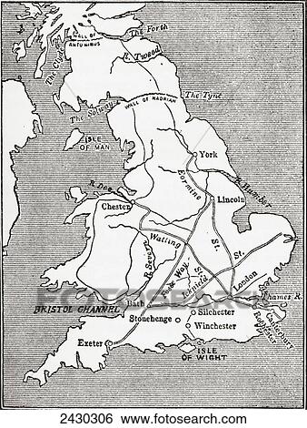 Stock Photograph - Map showing the Roman roads in Britain. Illustrated Easy Stories from English History.. Fotosearch