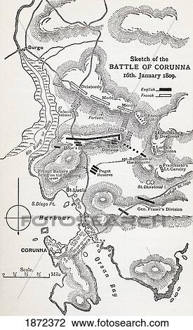 Stock Image - Map Showing The Site Of The Battle Of Corunna, Galicia, Spain, 16 January 1809. From The Book How England Saved Europe, The Story Of The Great War, 1793-1815 Published 1909.. Fotosearch
