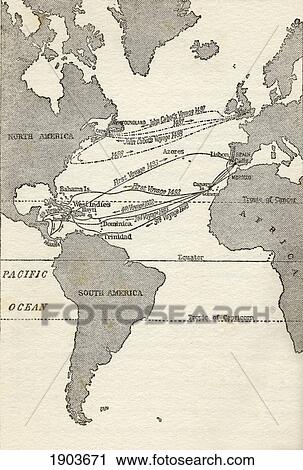 Stock Image - Map Showing The Voyages Of Christopher Columbus And John Cabot. From The Great Explorers Columbus And Vasco Da Gama.. Fotosearch