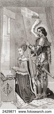Stock Image - Margaret of Denmark with St. Canute, patron of Denmark, behind her holding a banner showing the cross of the crusades. Margaret of Denmark, 1456. Fotosearch