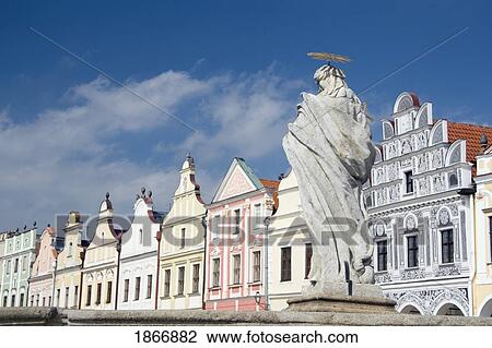 Stock Image - Marian Column And 16Th Century Houses; Telc, Czech Republic. Fotosearch