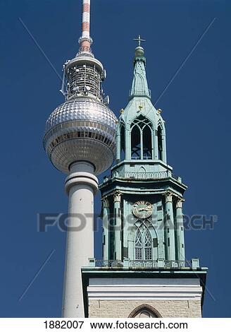 Marien Church And Fernsehturm Towers View Large Photo Image Stock Photo - Marien Church And Fernsehturm Towers. Fotosearch