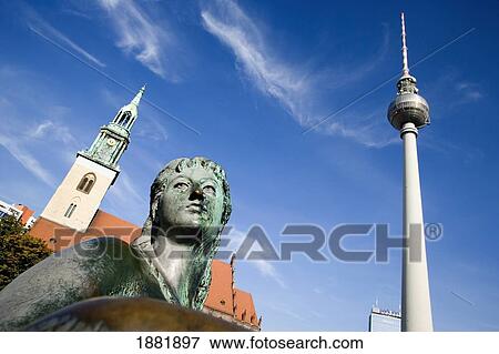 Marienkirche Church, Fernsehturm Tower, And Fountain View Large Photo Image Stock Photo - Marienkirche Church, Fernsehturm Tower, And Fountain. Fotosearch