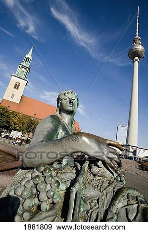 Stock Photo - Marienkirche Church, Fountain, And Fernsehturm Tower. Fotosearch