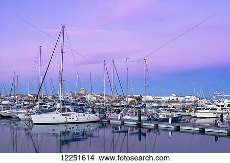 Picture - Marina at dusk; Saintes-Maries-de-la-Mer, Provence-Alpes-Cote D'Azur, Bouches-Du-Rhone, France. Fotosearch