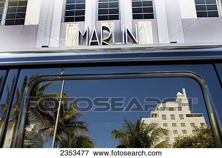 Stock Photo - Marlin Hotel With Car Window Reflection; Southbeach, Miami Beach, Florida, United States Of America. Fotosearch