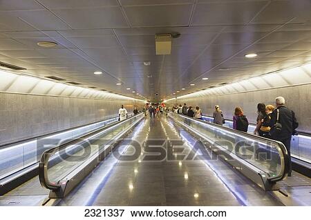 Stock Photo - Mechanical walkways at Diagonal Metro station; Barcelona, Catalonia, Spain. Fotosearch