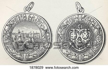 Stock Photo - Medal Commemorating Admiral Robert Blake's Victories Over The Dutch In 1653. From The Book Short History Of The English People By J. R. Green Published London 1893.. Fotosearch