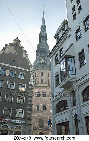 Stock Photo - Medieval Buildings & St. Peter's Church, Riga, Latvia. Fotosearch