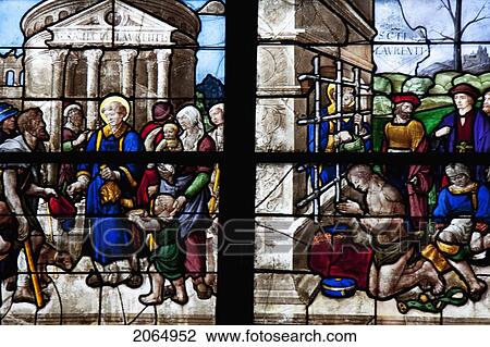 Stock Image - Medieval Stained Glass Window From The 15Th Century Depicting The Life And Martyrdom Of St. Lawrence In The Cathedral Of St Etienne Of Bourges, Bourges, Cher, France. Fotosearch