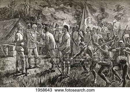 Stock Image - Mehmet Emin Pasha And Gaetano Casati Arrive At Sir Henry Morton Stanley's Lake Shore Camp, At Lake Albert In Africa, 1889. From In Darkest Africa By Henry M. Stanley Published 1890.. Fotosearch