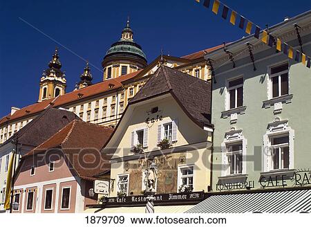 Stock Photo - Melk Abbey And Cafes. Fotosearch