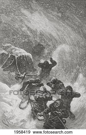 Stock Photo - Members Of The Second German North Polar Expedition In 1869, Caught In A Snowstorm. From El Mundo En La Mano Published 1875.. Fotosearch