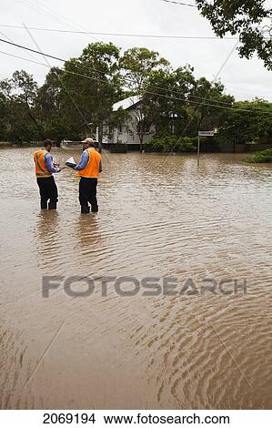 Picture - Men Assessing A Flooded Area; Brisbane Queensland Australia. Fotosearch