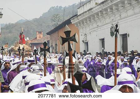 Stock Image - Men Carrying The Anda (Float) Of Jesus Carrying The Cross During The Procession Of The Holy Cross On Good Friday In Antigua Guatemala, Sacatep. Fotosearch